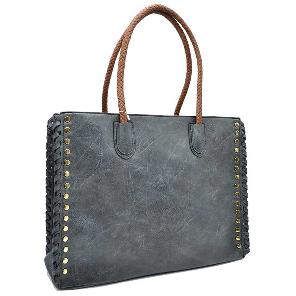 Women's Studded Faux Leather Whipstitch Shoulder Bag Tote