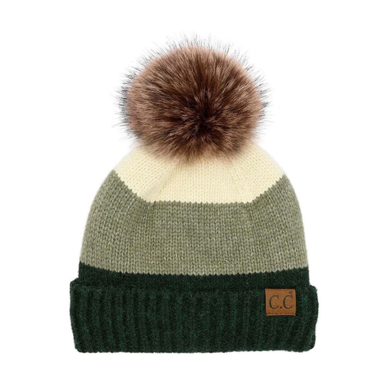C.C Multi Color Block Stripes Pom Beanie