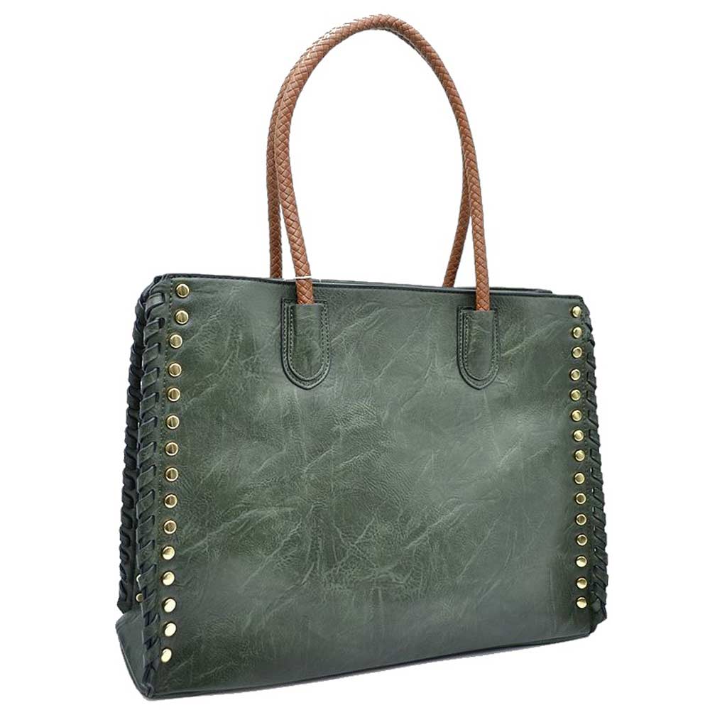 Women's Studded Faux Leather Whipstitch Shoulder Bag Tote
