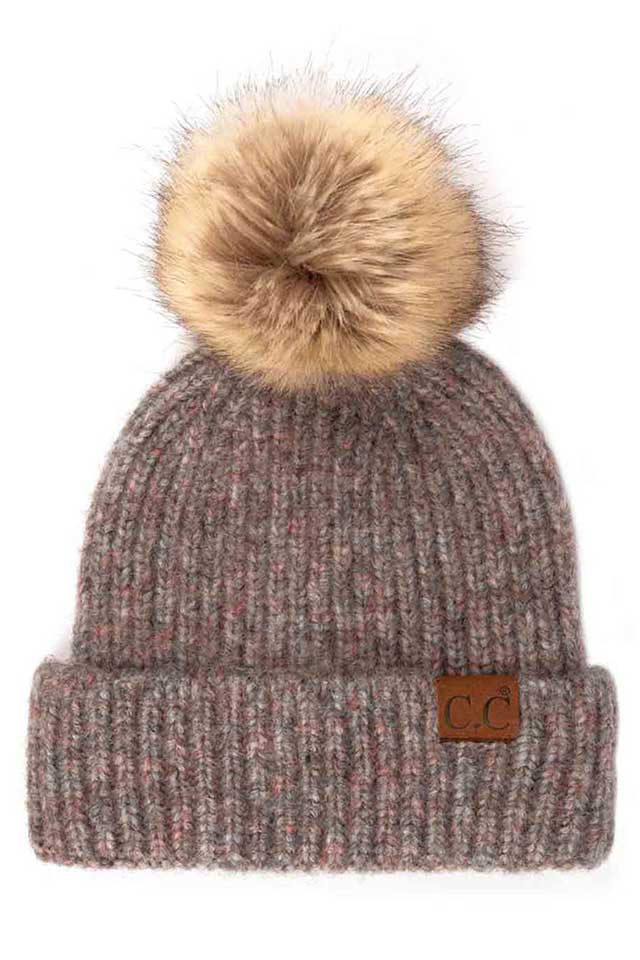 C.C Classic Rib Beanie With Faux Fur Pom