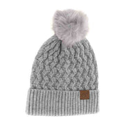 Woven Cable Knit Cuffed Matching Fur Pom C.C Beanie