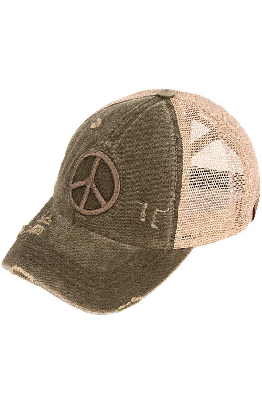 C.C Women's Peace Sign Distressed Ponytail Cap