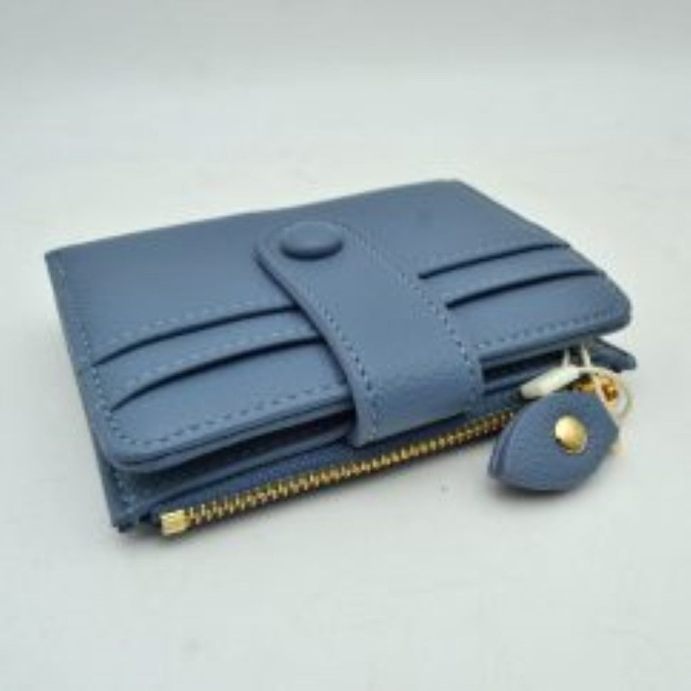 Pebbled Card Holder Wallet with Snap Button Strap and Zipper Pocket