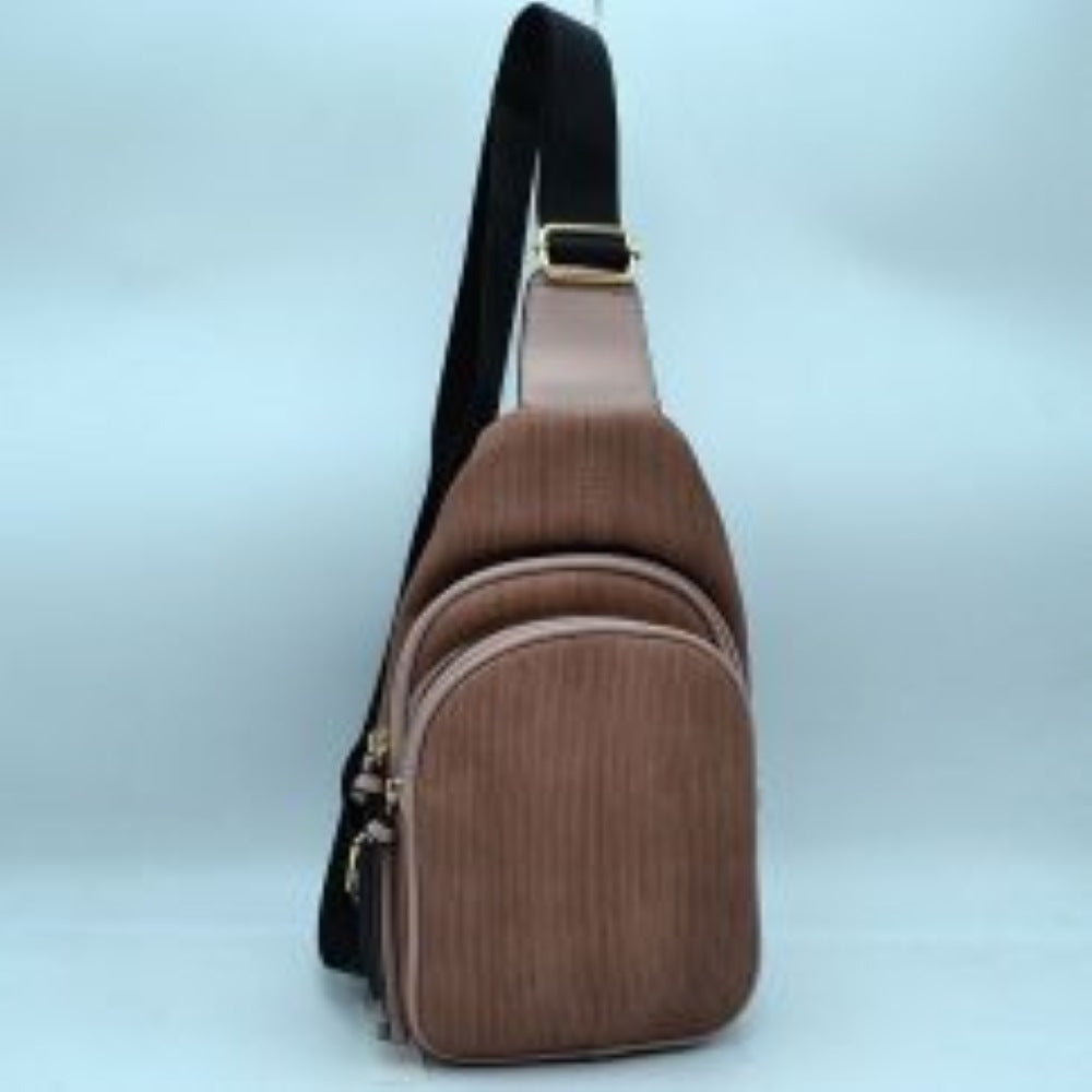 Ribbed Sling Bag with Tiered Zippers and Tassel Pulls