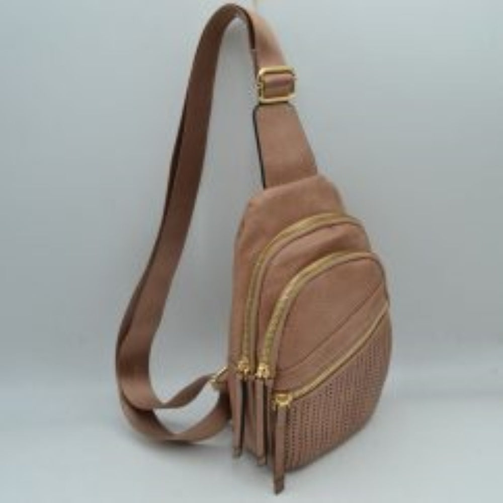 Perforated Crossbody Sling Bag with Triple Zipper Pockets
