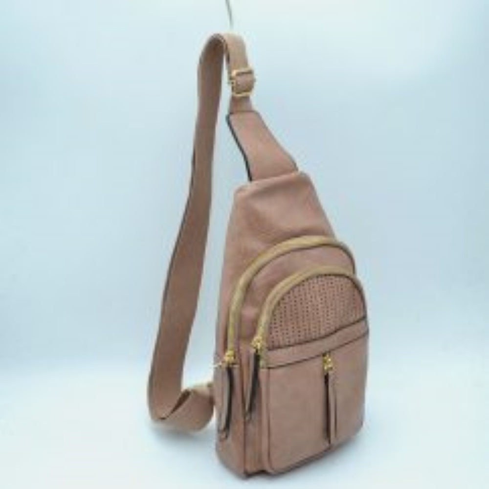 Grained Sling Bag with Perforated Accent and Gold Zippers