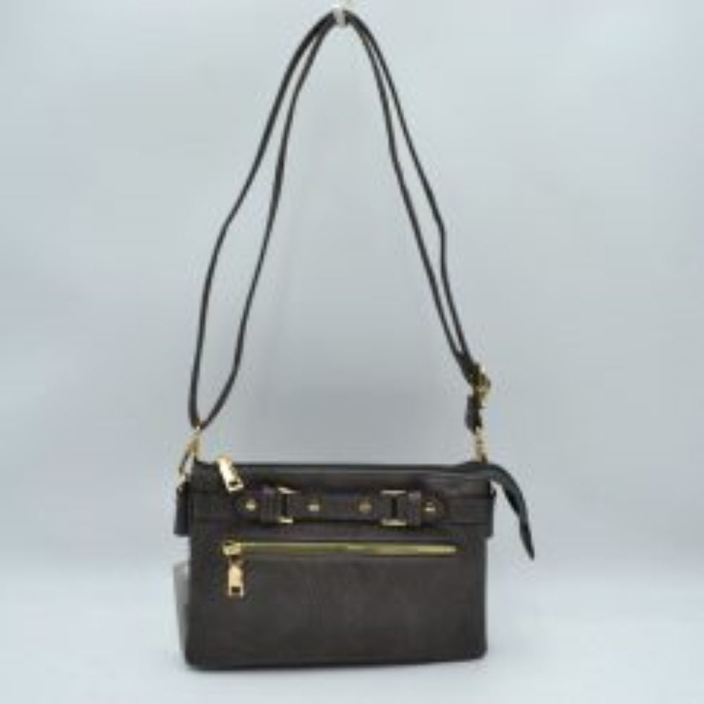Multi-Zipper Crossbody Bag with Adjustable Strap and Gold Hardware