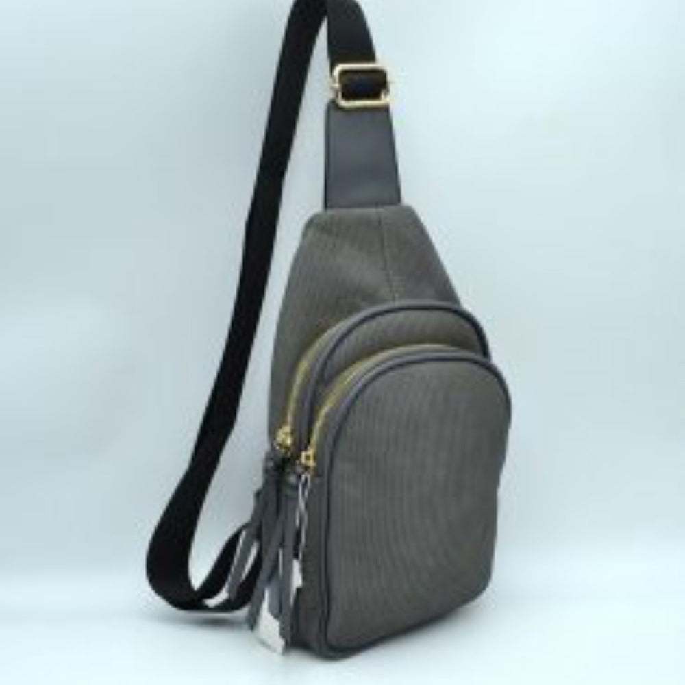 Ribbed Sling Bag with Tiered Zippers and Tassel Pulls