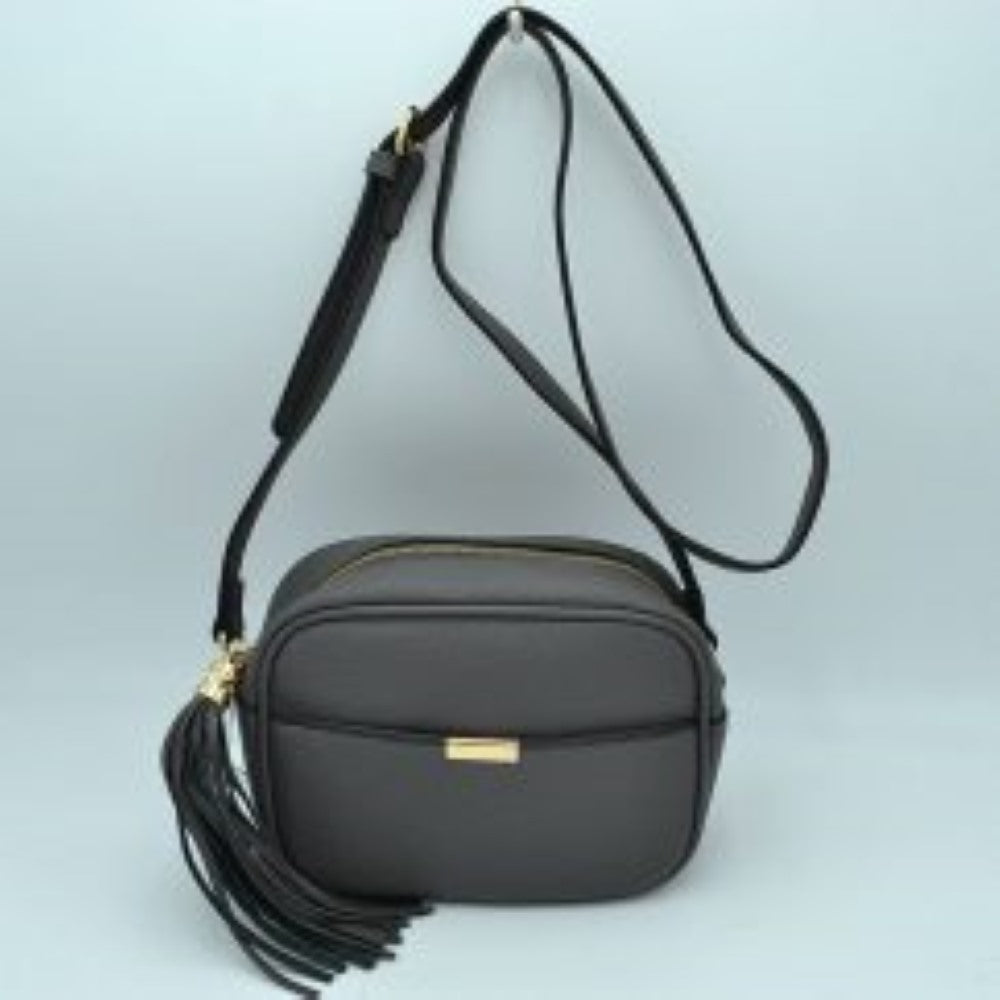 Pebbled Camera Crossbody Bag with Large Statement Tassel Accent