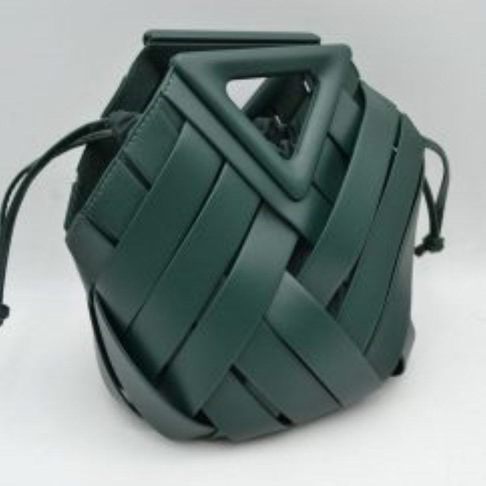 Geometric Wide Weave Bucket Bag with Triangular Top Handle