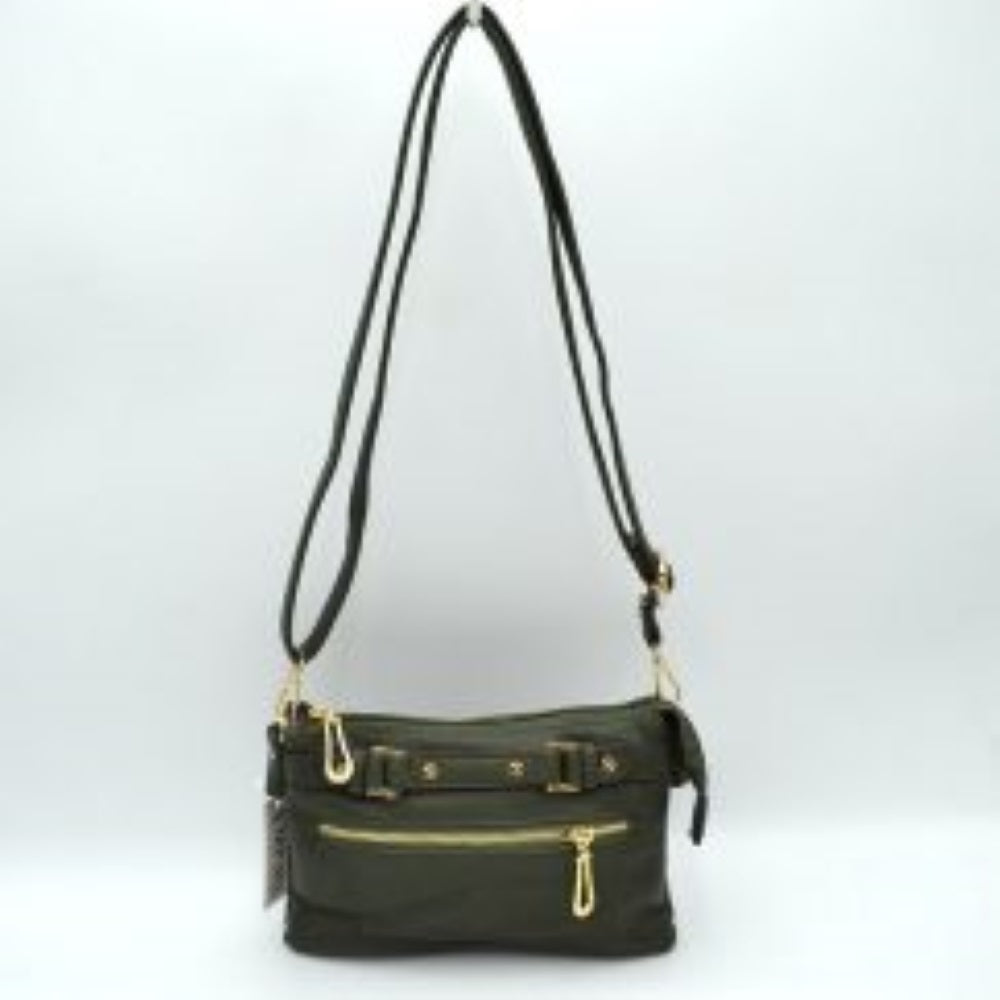 Multi-Zipper Crossbody Bag with Adjustable Strap and Gold Hardware