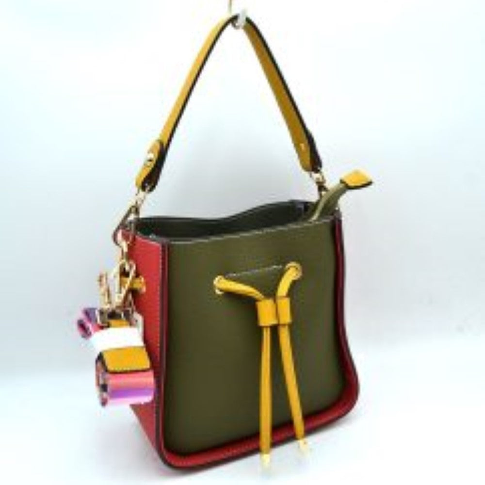 Color-Block Drawstring Bucket Bag with Multi-Strap Options