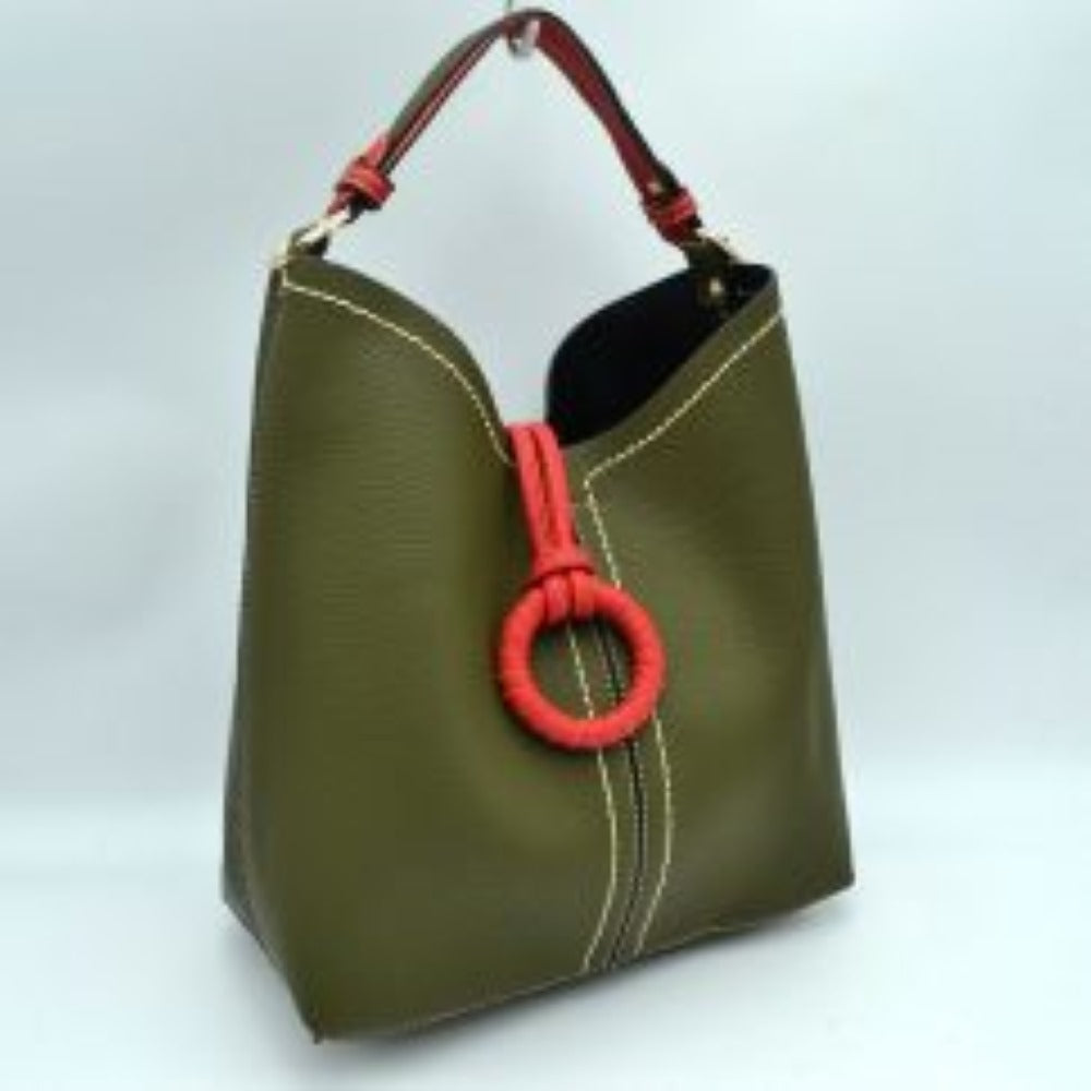 Pebbled Bucket Bag with Contrast Ring Accent and Top Handle