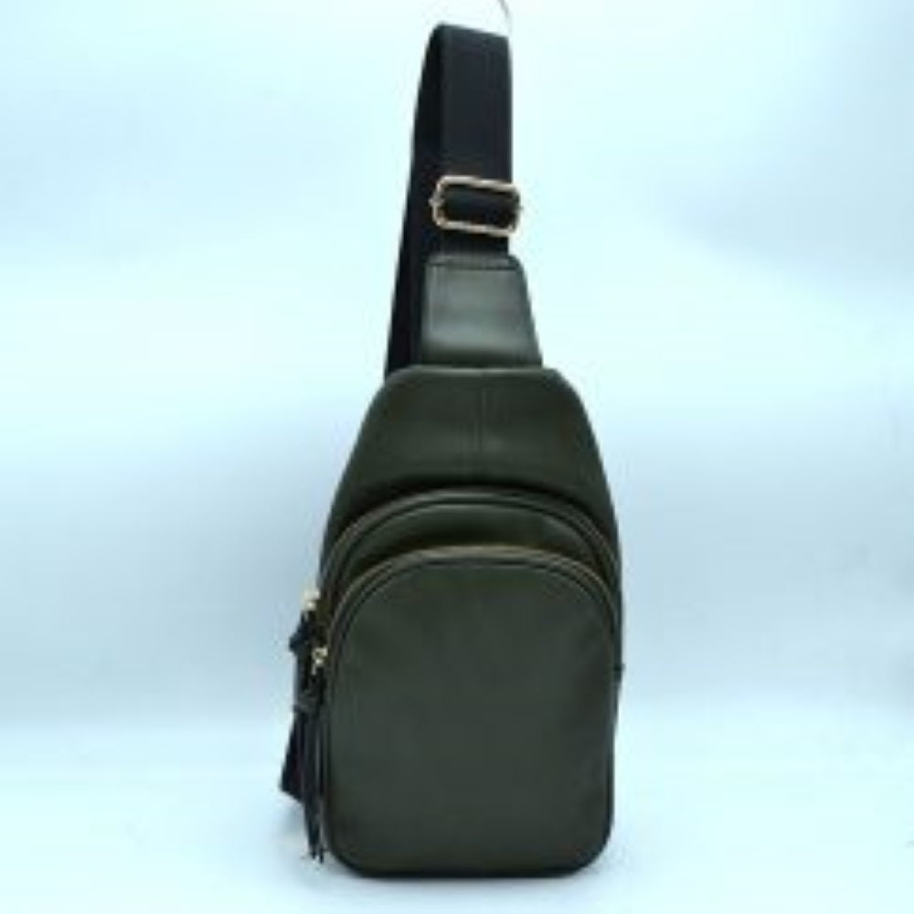 Ribbed Sling Bag with Tiered Zippers and Tassel Pulls