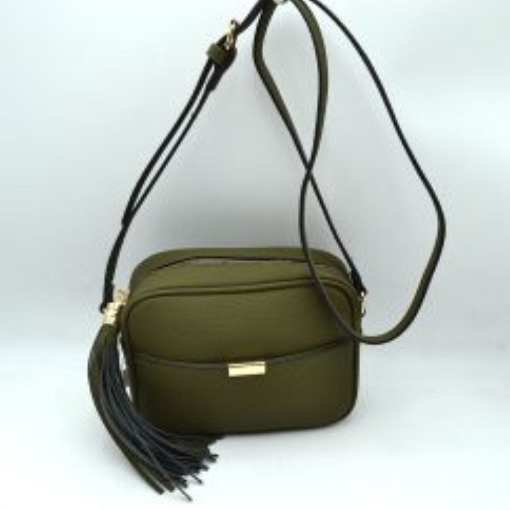 Pebbled Camera Crossbody Bag with Large Statement Tassel Accent