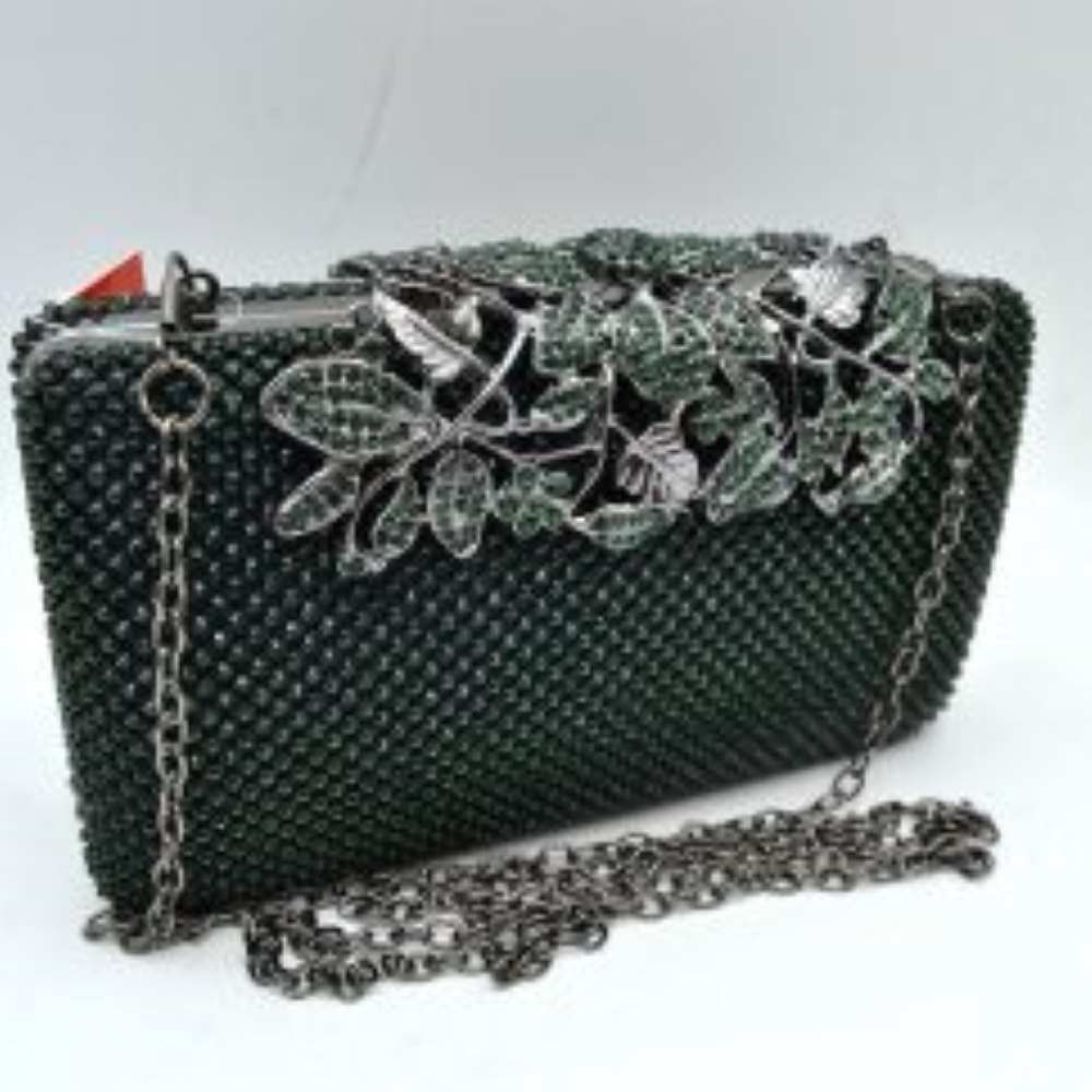 Studded Evening Clutch with Ornate Leaf Clasp Detail