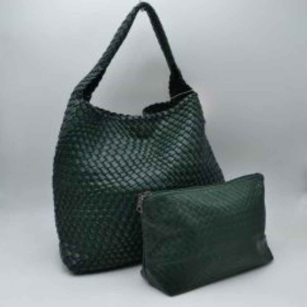 Woven Slouchy Shoulder Bag with Matching Zipper Pouch Set