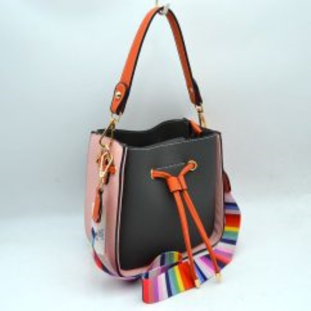 Color-Block Drawstring Bucket Bag with Multi-Strap Options