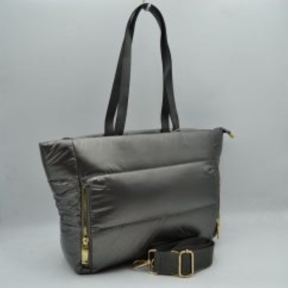 Padded Puffer Tote Bag with Multi-Strap Options and Gold Zippers