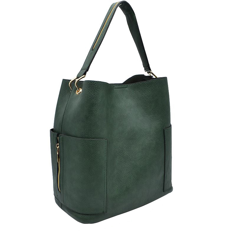 2-in-1 Chic Satchel Side Pocket Bucket Bag with Long Strap