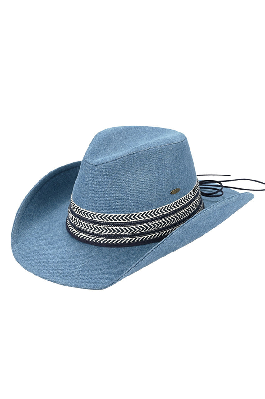 C.C Women's Denim Cowboy Hat With Geometric Trim Bands