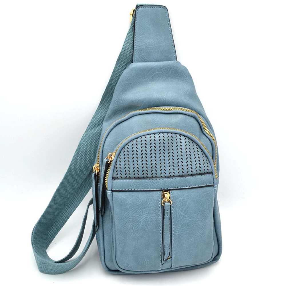 Grained Sling Bag with Perforated Accent and Gold Zippers