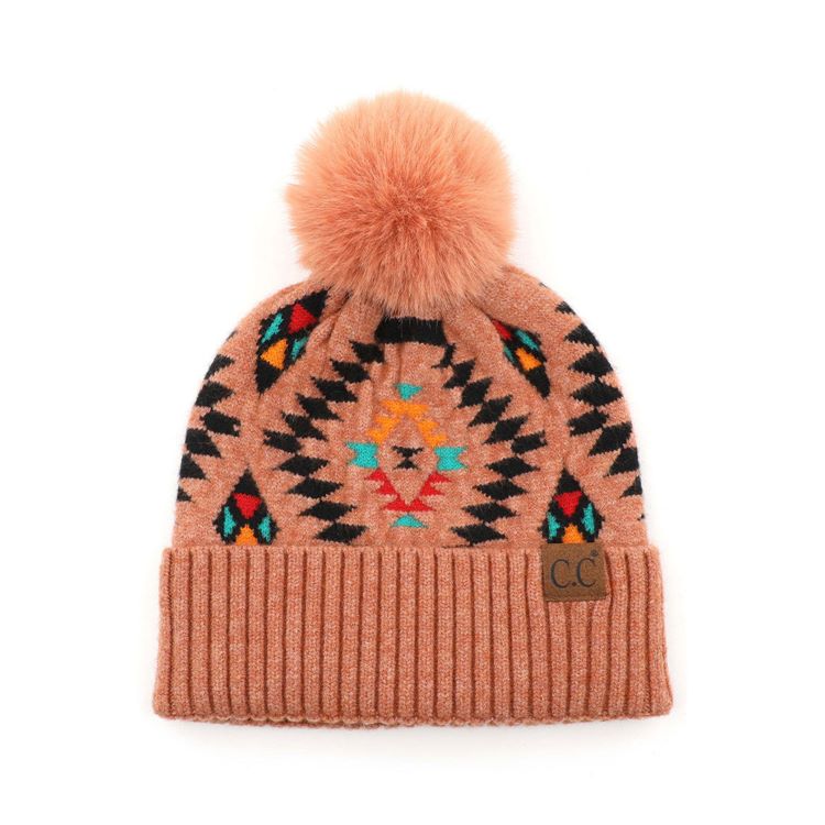 C.C Soft Aztec Pattern Beanie with Faux Fur Pom
