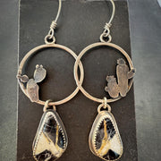 White Buffalo Turquoise Hoop Earrings in Sterling Silver with Hand-Sawn Cactus Design