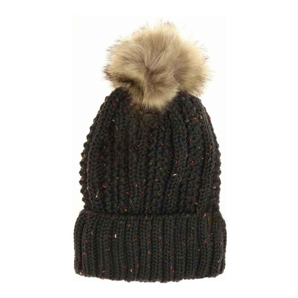 Fuzzy Lined Flecked Fur Pom C.C Beanie