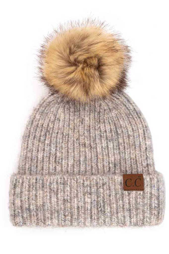 C.C Classic Rib Beanie With Faux Fur Pom