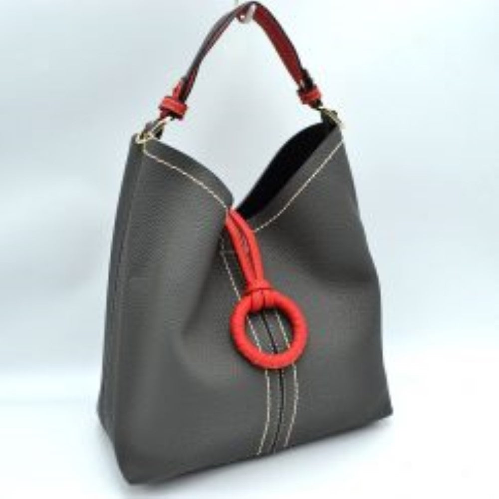 Pebbled Bucket Bag with Contrast Ring Accent and Top Handle