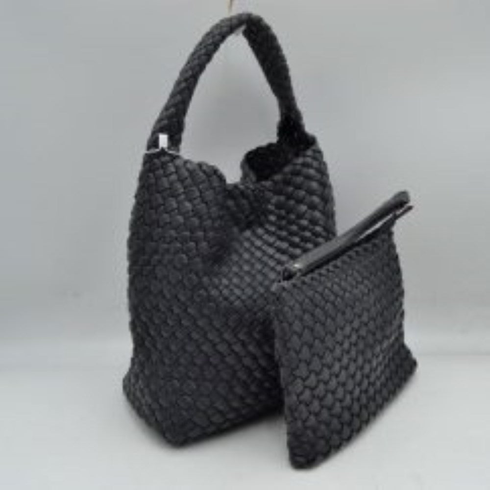 Woven Hobo Bag with Integrated Top Handle and Matching Pouch