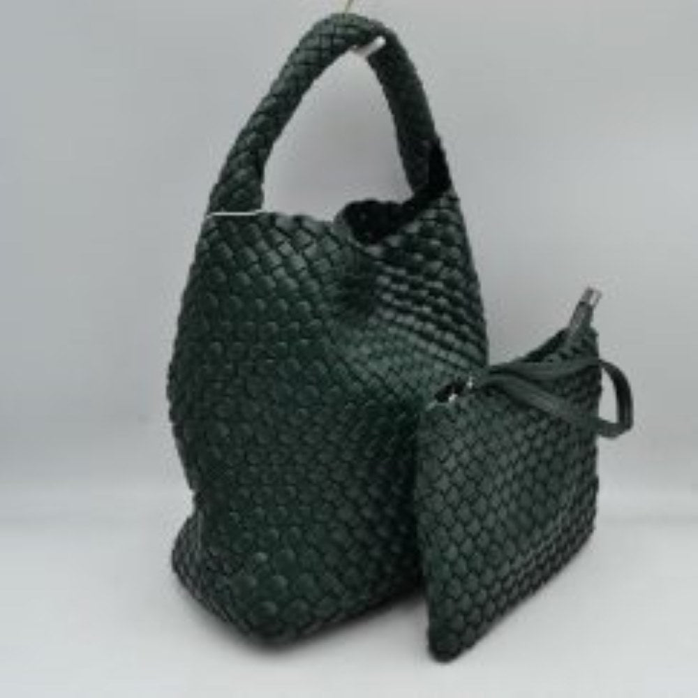 Woven Hobo Bag with Integrated Top Handle and Matching Pouch