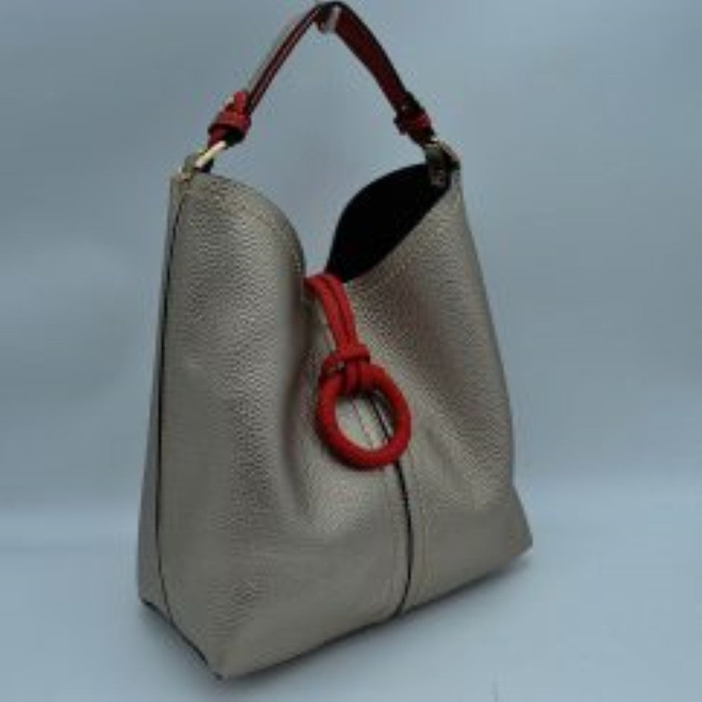 Pebbled Bucket Bag with Contrast Ring Accent and Top Handle