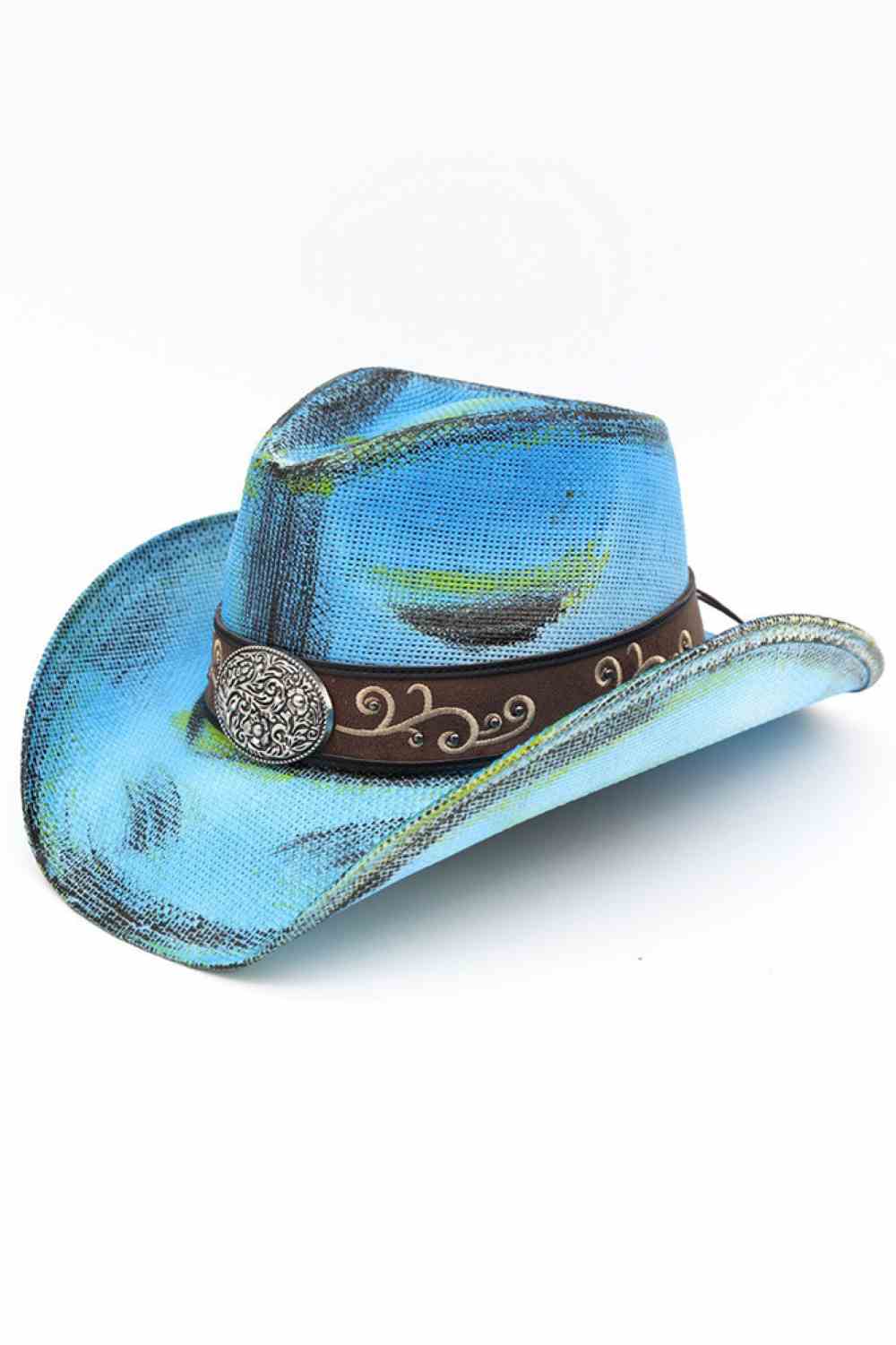 Ornate Oval Buckle Faux Leather Band Antique Wash Cowboy Hat