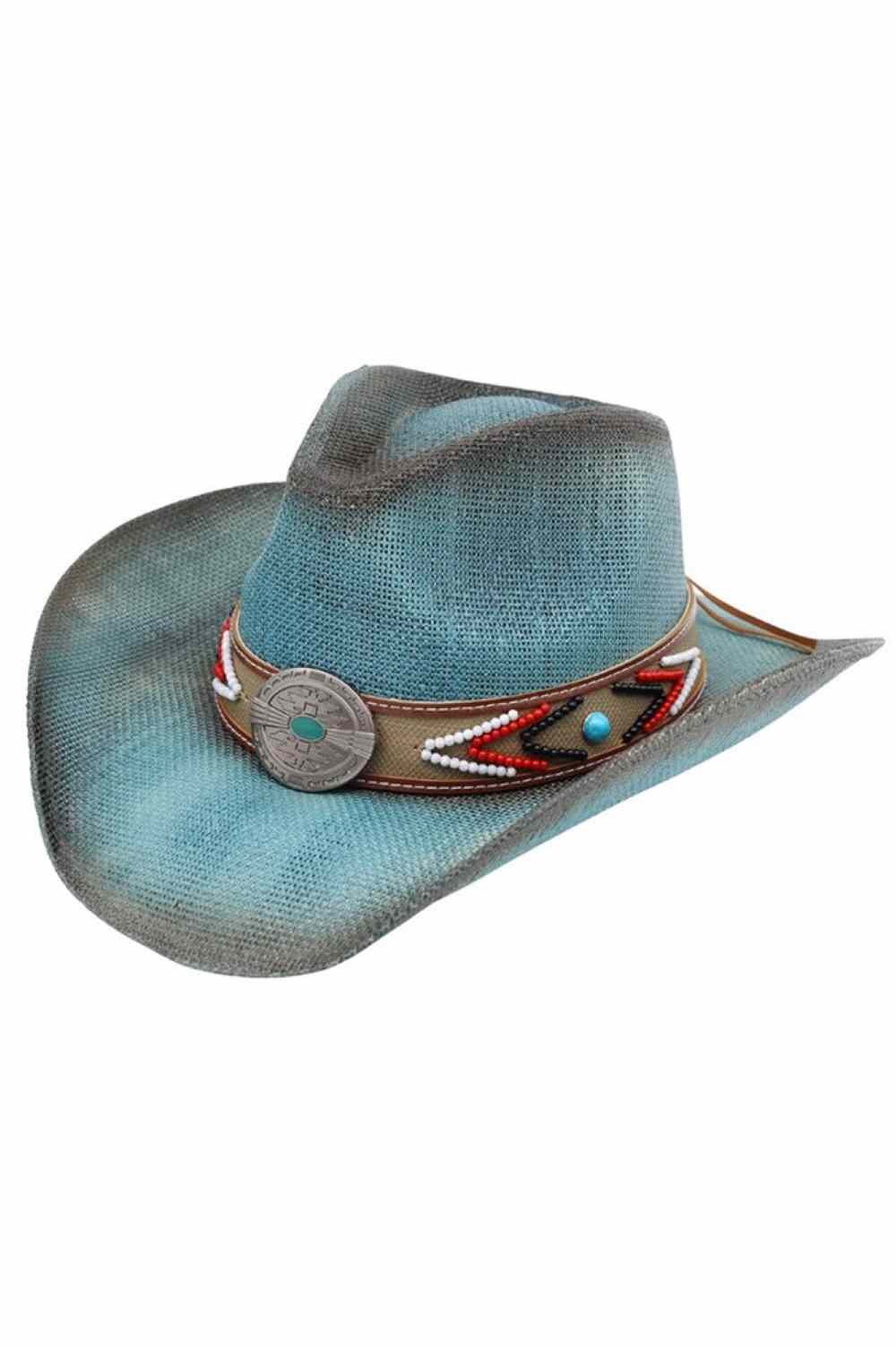 Turquoise Concho Beaded Band Vintage Western Straw CowboyHat