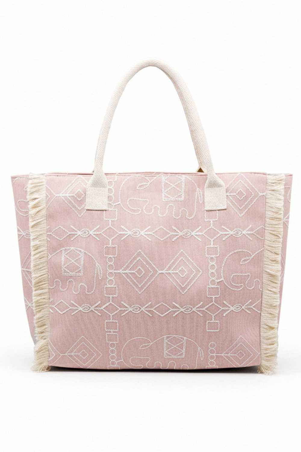 Boho Geometric Elephant Print Fringe Tote Bag