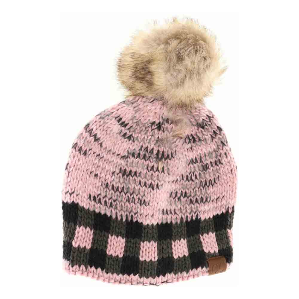 Buffalo Check Mixed Print Fur Pom C.C Beanie