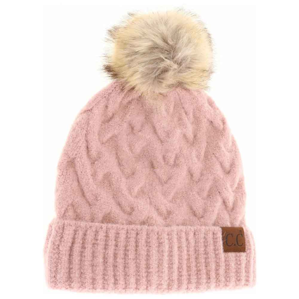 Chunky Braided Cable Knit Fur Pom C.C Beanie