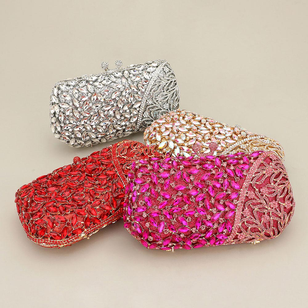 Floral Leaf Crystal Frame Evening Clutch Shoulder Bag