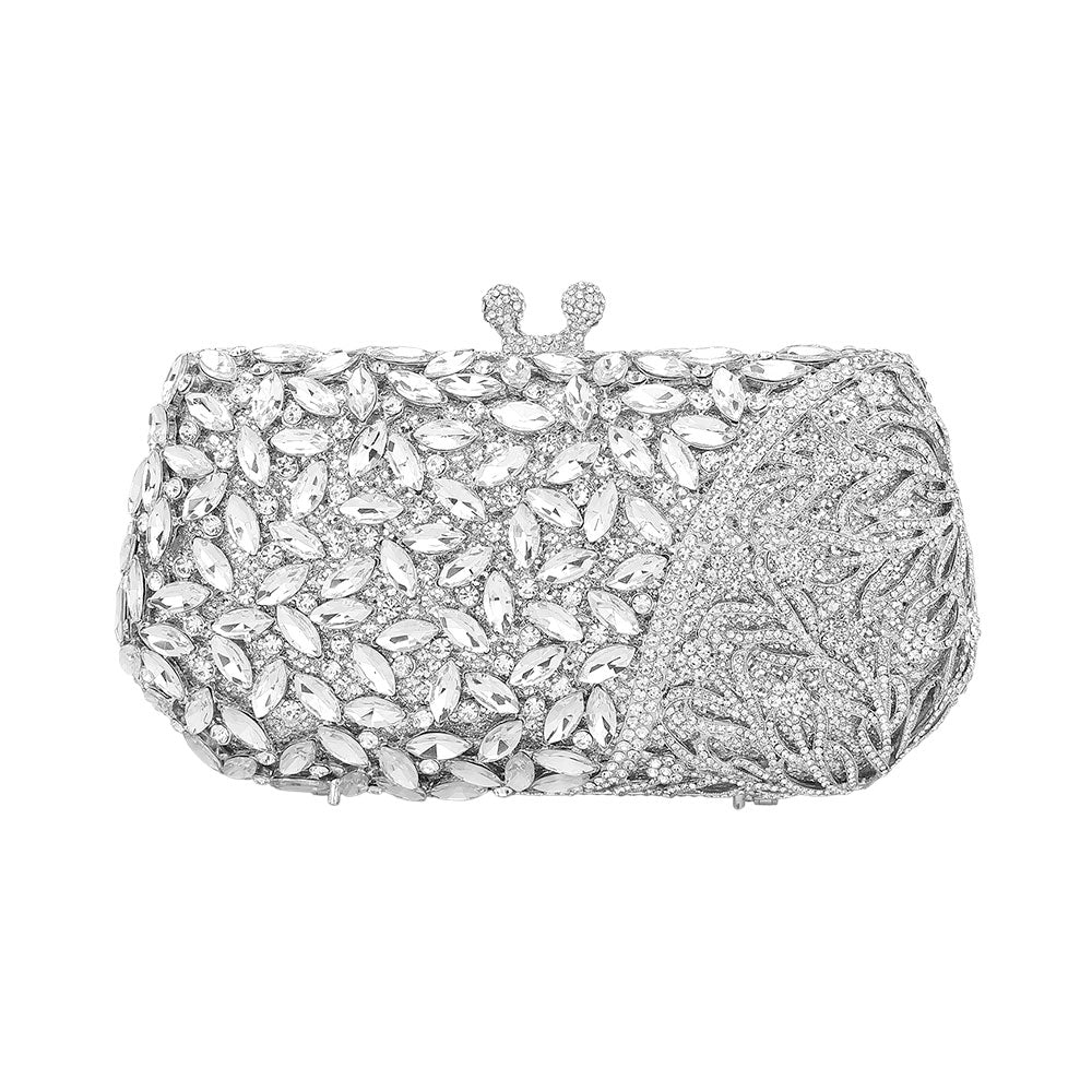 Floral Leaf Crystal Frame Evening Clutch Shoulder Bag
