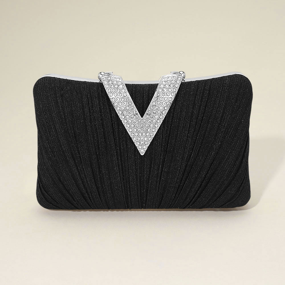 Sparkle Fabric Stone Paved V Fold Evening Clutch Crossbody Bag