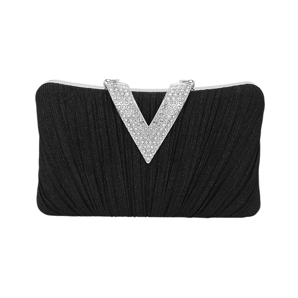 Sparkle Fabric Stone Paved V Fold Evening Clutch Crossbody Bag