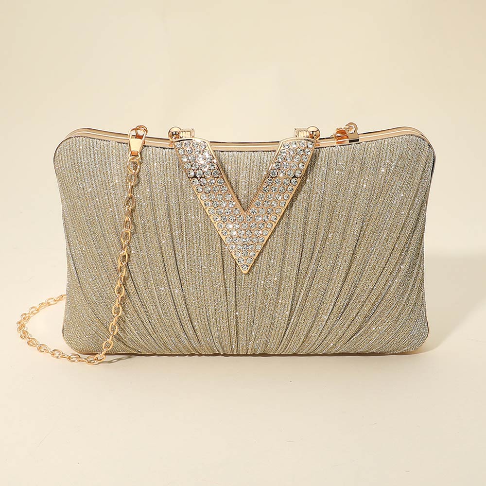 Sparkle Fabric Stone Paved V Fold Evening Clutch Crossbody Bag