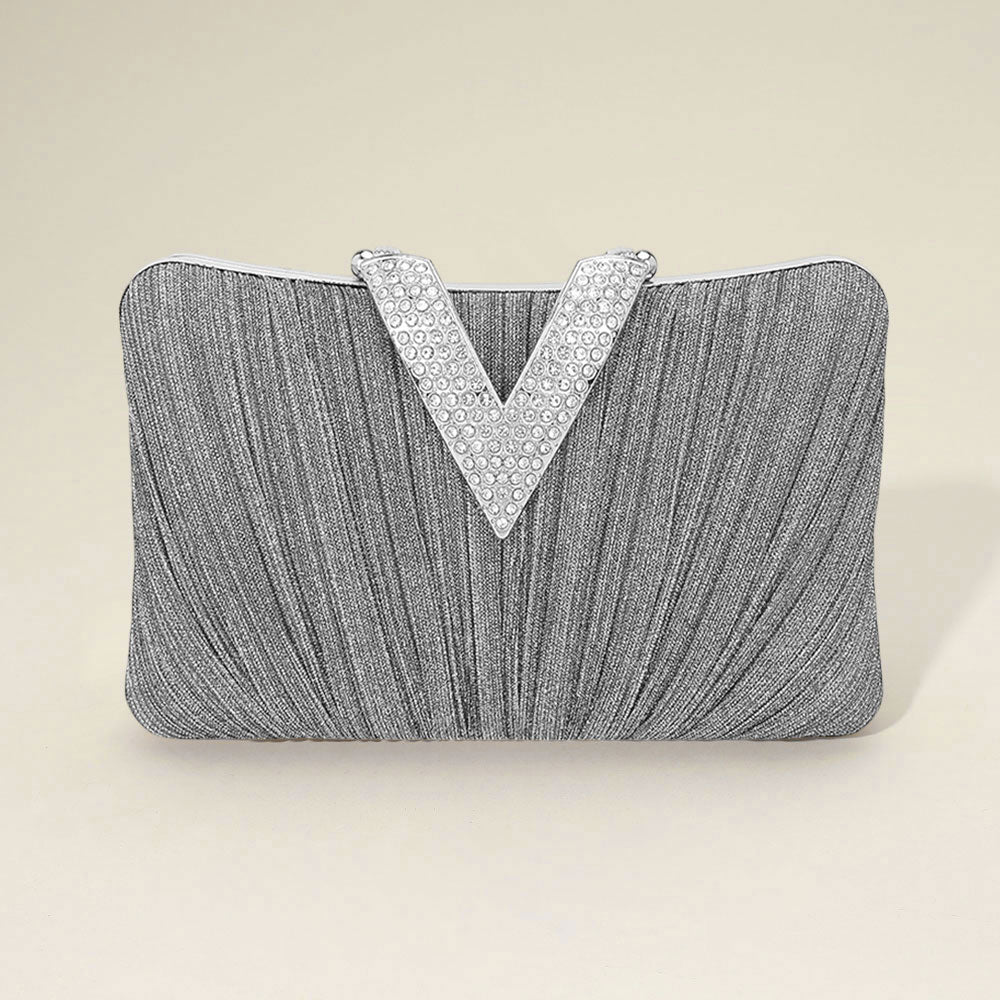 Sparkle Fabric Stone Paved V Fold Evening Clutch Crossbody Bag