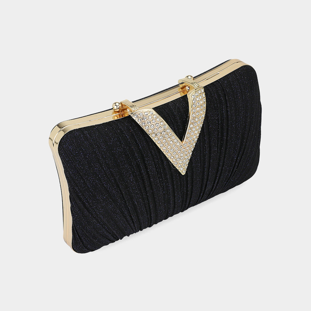Sparkle Fabric Stone Paved V Fold Evening Clutch Crossbody Bag