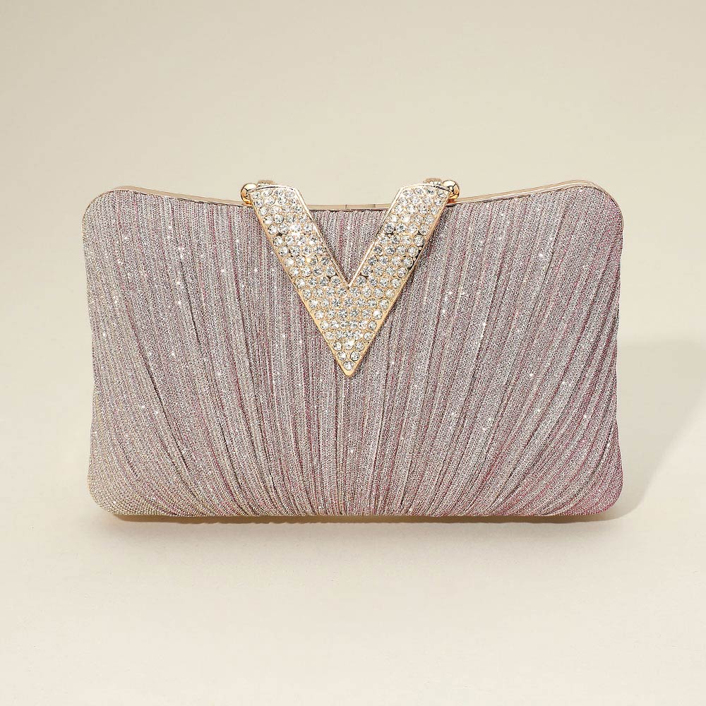 Sparkle Fabric Stone Paved V Fold Evening Clutch Crossbody Bag