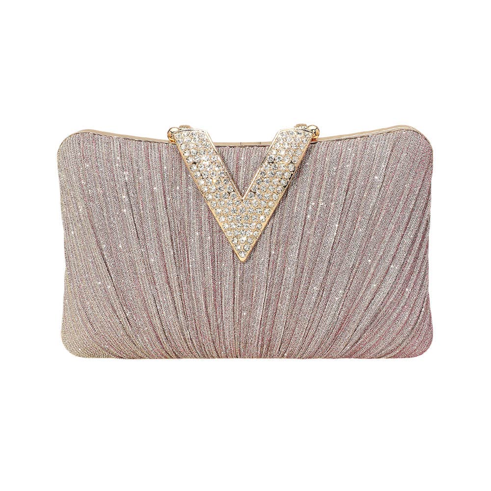 Sparkle Fabric Stone Paved V Fold Evening Clutch Crossbody Bag