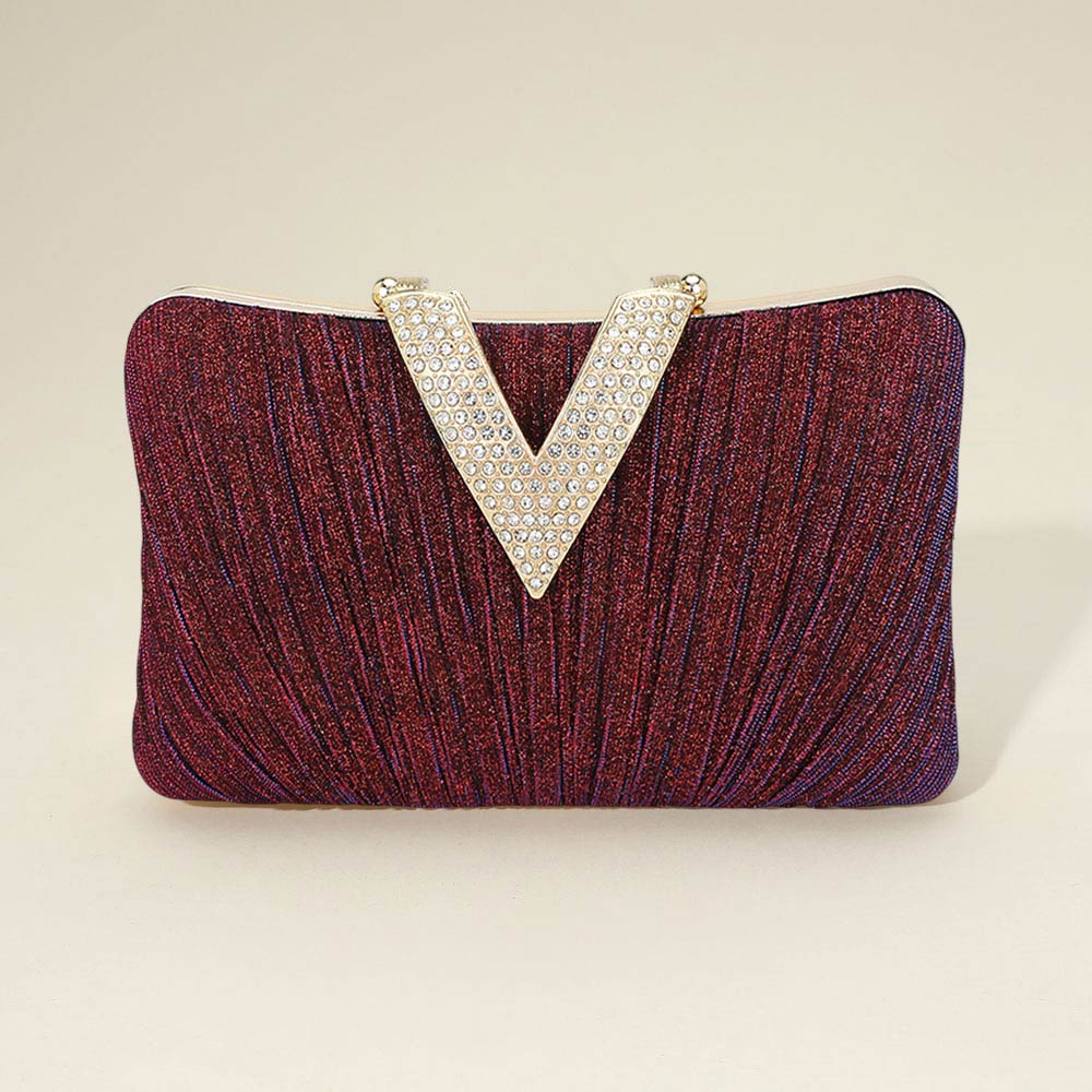 Sparkle Fabric Stone Paved V Fold Evening Clutch Crossbody Bag