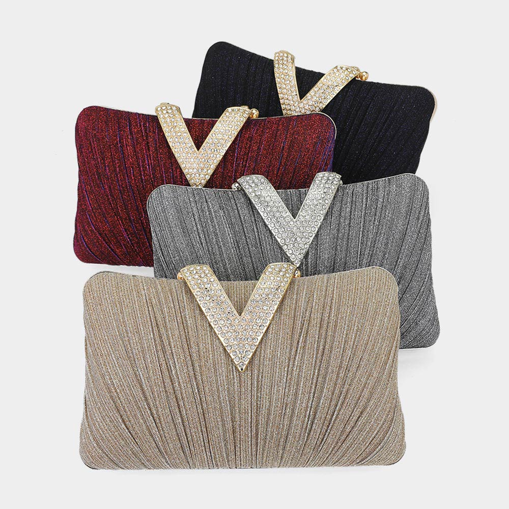 Sparkle Fabric Stone Paved V Fold Evening Clutch Crossbody Bag